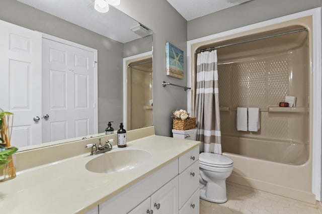 bathroom with toilet, shower / bath combo, vanity, and tile patterned floors