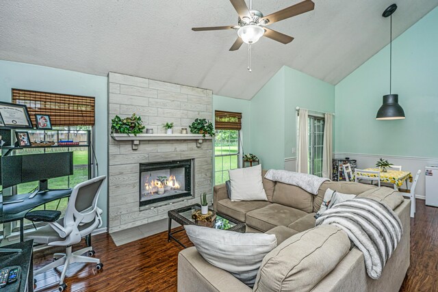 2650 Summer Leaves Ct, Charleston, SC 29414 - living area featuring lofted ceiling, wood finished floors, ceiling fan, a tiled fireplace, and a textured ceiling