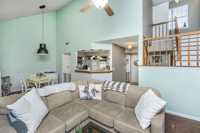 2650 Summer Leaves Ct, Charleston, SC 29414 - living area featuring high vaulted ceiling, a ceiling fan, wood finished floors, and baseboards