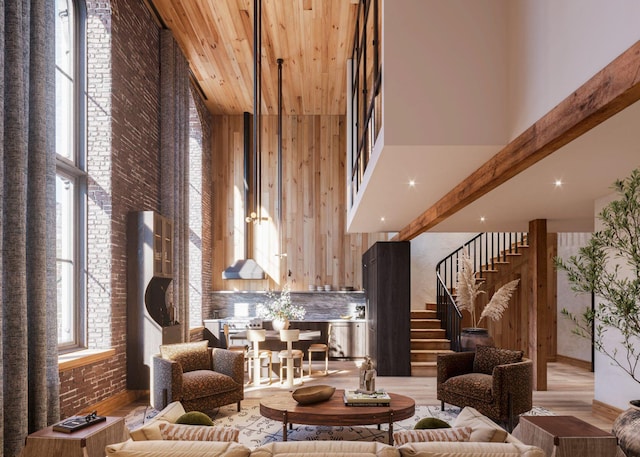 71 Wentworth Street Units 202,203,204,206,301, Charleston, SC 29401 - building lobby with a high ceiling, stairs, and a wooden ceiling with exposed beams