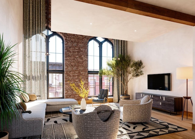 71 Wentworth Street Units 202,203,204,206,301, Charleston, SC 29401 - living area featuring wood finished floors, a towering ceiling, and beamed ceiling