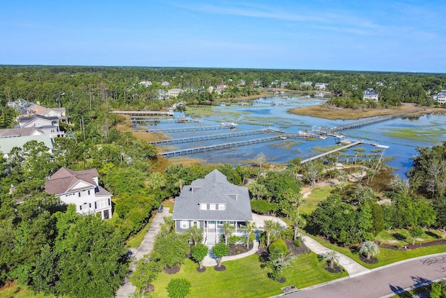 bird's eye view with a water view