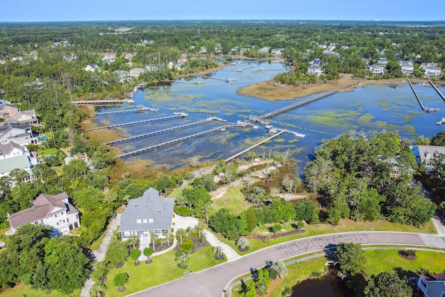 bird's eye view with a water view