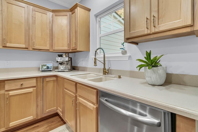 kitchen with dishwasher, sink, light hardwood / wood-style flooring, ornamental molding, and light brown cabinetry