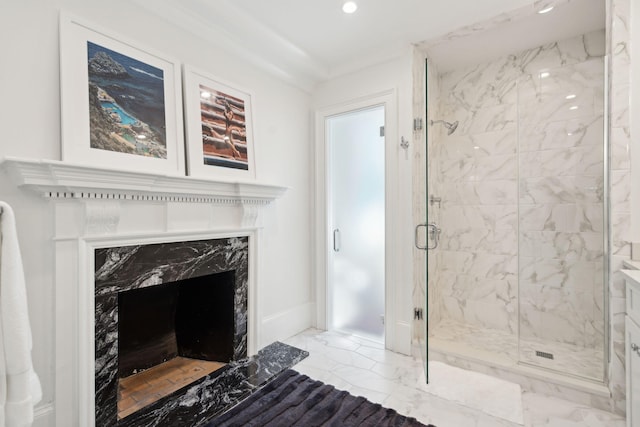 bathroom featuring a shower with door and a high end fireplace