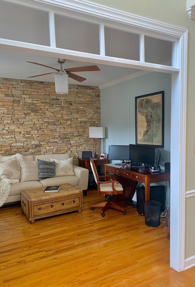 office area featuring hardwood / wood-style floors, ceiling fan, and ornamental molding