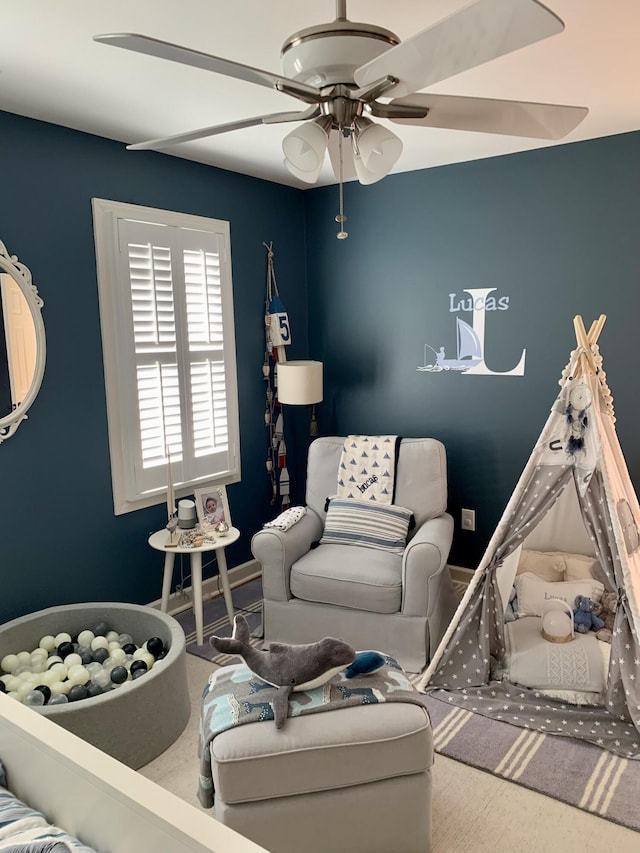 bedroom with carpet floors and ceiling fan