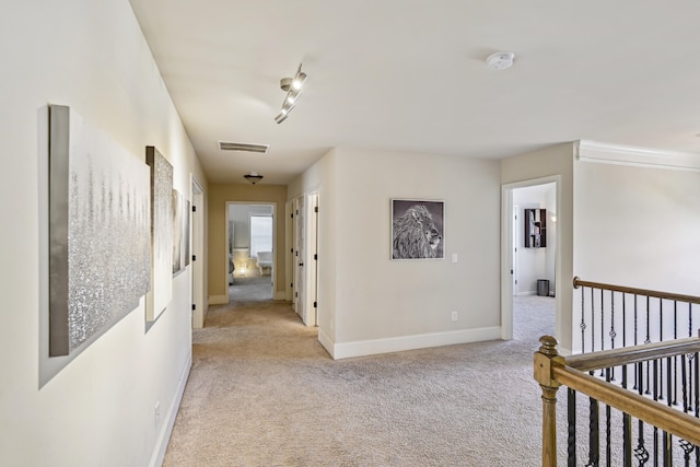 hallway with light carpet and rail lighting