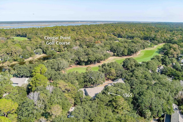 drone / aerial view featuring a forest view, a water view, and golf course view