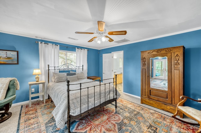 carpeted bedroom featuring connected bathroom, ceiling fan, and ornamental molding