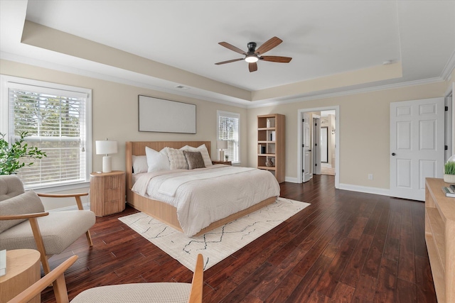 bedroom featuring a tray ceiling and dark wood-type flooring