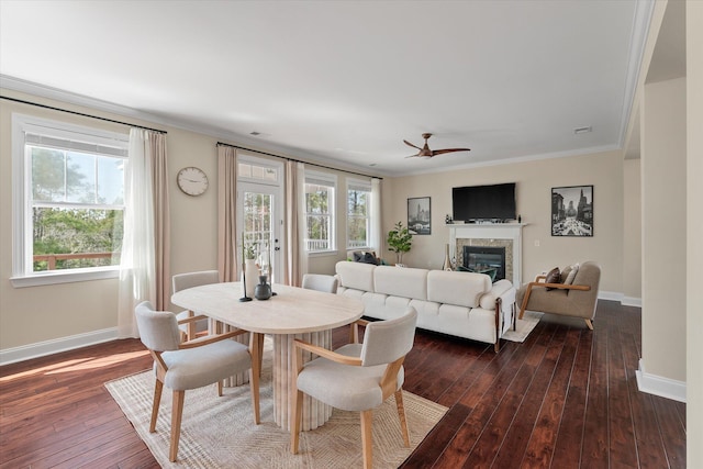 dining space featuring a wealth of natural light, baseboards, dark wood-type flooring, and a glass covered fireplace