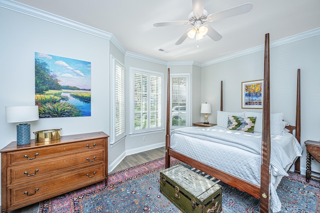 bedroom with wood-type flooring, ceiling fan, and ornamental molding