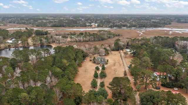 drone / aerial view featuring a water view