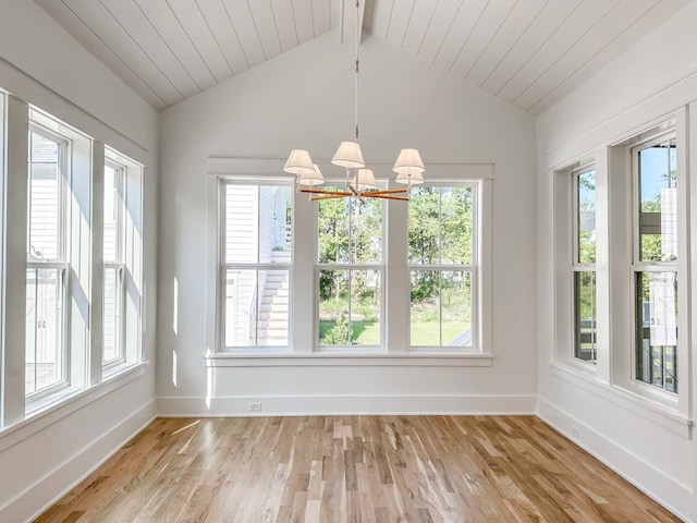 unfurnished sunroom featuring lofted ceiling with beams and a notable chandelier