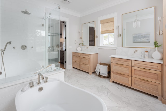 bathroom featuring shower with separate bathtub, vanity, and ornamental molding