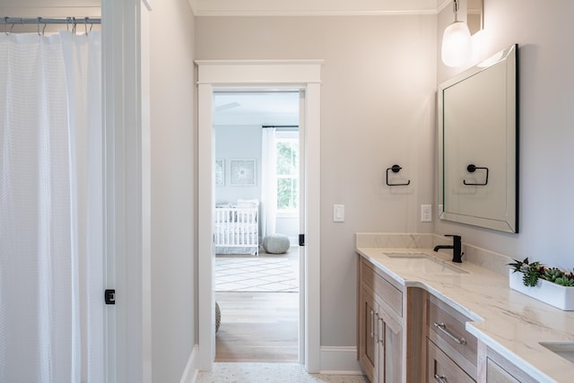 bathroom featuring crown molding, vanity, and wood-type flooring