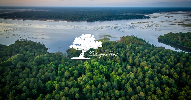 aerial view at dusk featuring a water view