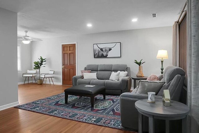 1113 Smithfield Pl, Hanahan, SC 29410 - living room with ceiling fan, visible vents, recessed lighting, wood finished floors, and baseboards