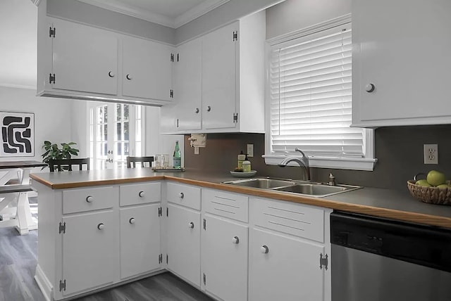 1113 Smithfield Pl, Hanahan, SC 29410 - kitchen with dishwasher, a sink, a wealth of natural light, crown molding, and white cabinetry