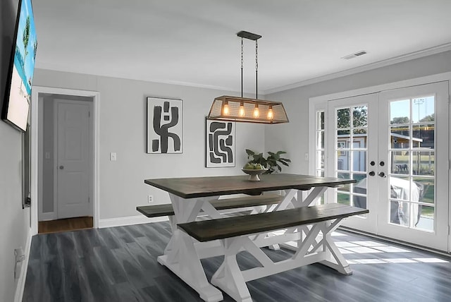 1113 Smithfield Pl, Hanahan, SC 29410 - dining area with dark wood-style flooring, baseboards, french doors, crown molding, and visible vents
