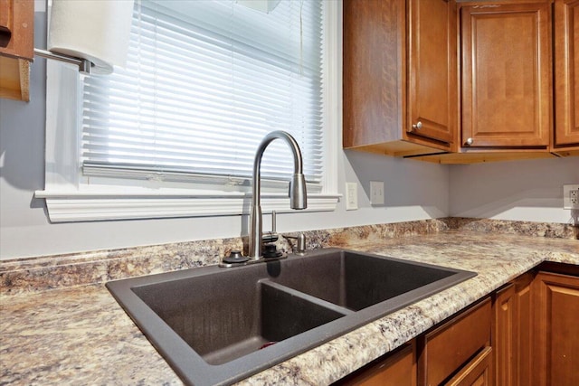 details with brown cabinetry and a sink