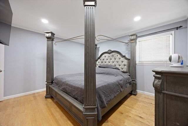 bedroom featuring recessed lighting, light wood-style flooring, and baseboards