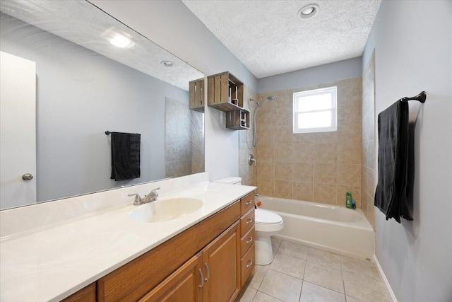 bathroom featuring tile patterned floors, toilet,  shower combination, and a textured ceiling