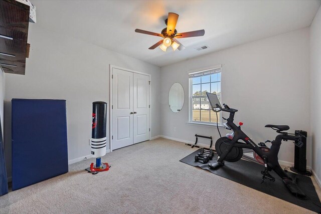 707 Redbud Ln, Summerville, SC 29486 - exercise area with baseboards, visible vents, ceiling fan, and carpet