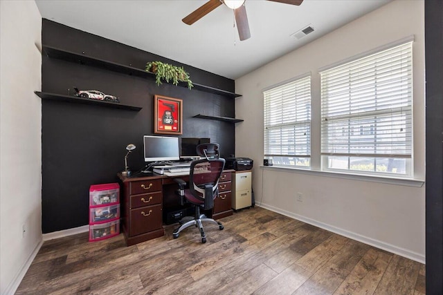 707 Redbud Ln, Summerville, SC 29486 - home office with baseboards, visible vents, wood finished floors, and a ceiling fan