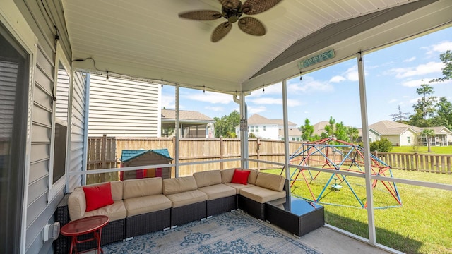 5138 Preserve Blvd, Ladson, SC 29456 - sunroom featuring an outdoor hangout area, ceiling fan, a residential view, and vaulted ceiling