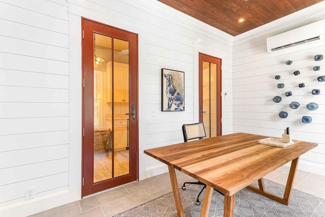 tiled dining room featuring wood walls, a wall mounted AC, and wooden ceiling