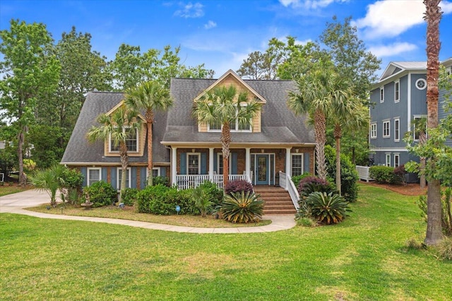 view of front of house with a porch and a front lawn
