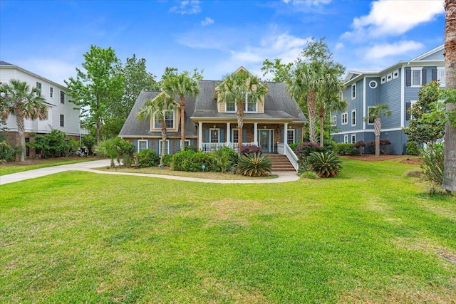 view of front facade featuring covered porch and a front lawn