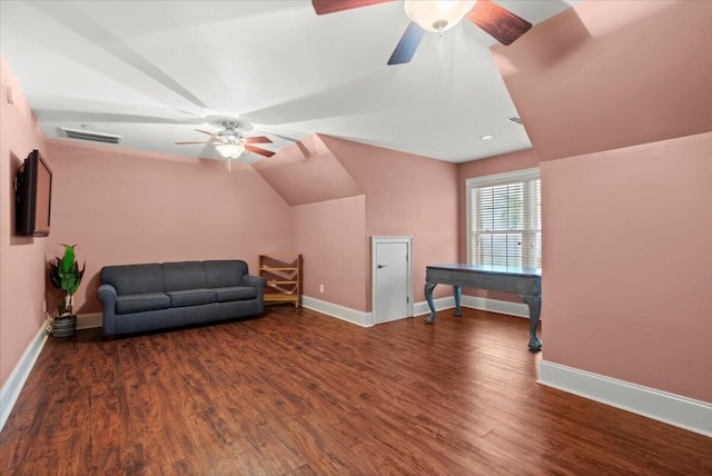 sitting room featuring a ceiling fan, baseboards, and wood finished floors