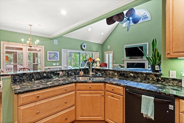 kitchen featuring black dishwasher, a sink, dark stone counters, a chandelier, and vaulted ceiling
