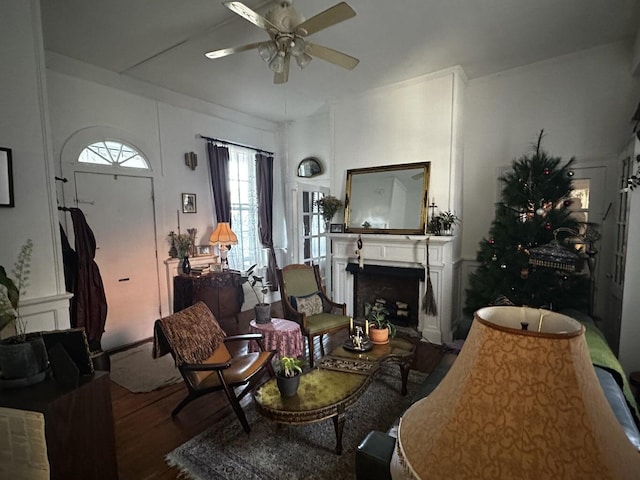 living room featuring ceiling fan and hardwood / wood-style flooring