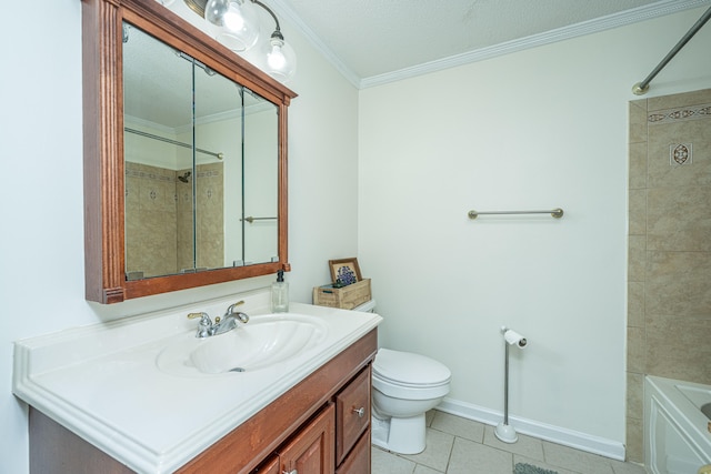 full bathroom featuring toilet, tile patterned flooring, vanity, a textured ceiling, and tiled shower / bath combo