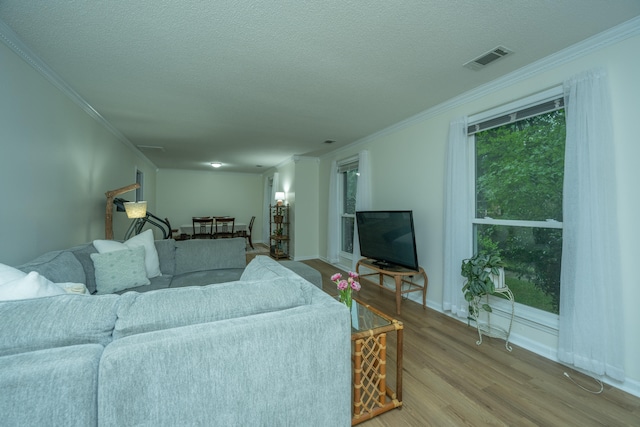 living room with a textured ceiling, crown molding, and hardwood / wood-style floors