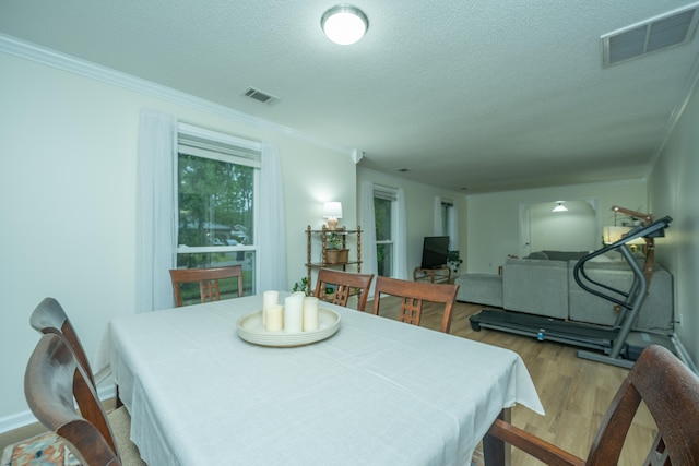 dining area featuring crown molding, a textured ceiling, and light hardwood / wood-style flooring