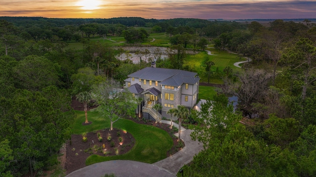 view of aerial view at dusk