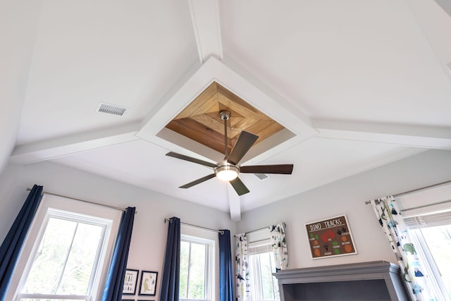 interior details with beamed ceiling and ceiling fan