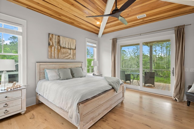 bedroom with wood ceiling, light hardwood / wood-style floors, access to outside, lofted ceiling, and ceiling fan