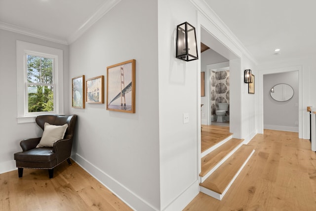 corridor with light hardwood / wood-style floors and ornamental molding