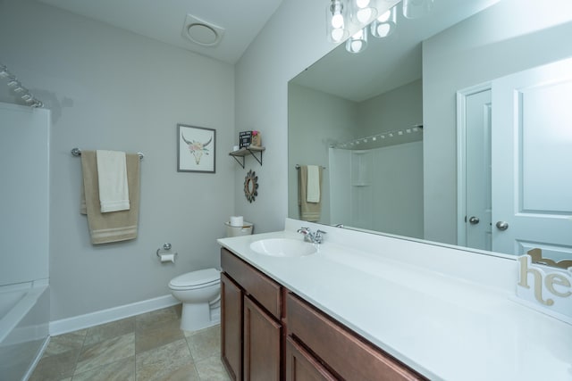 full bathroom with shower / bathtub combination, vanity, and toilet