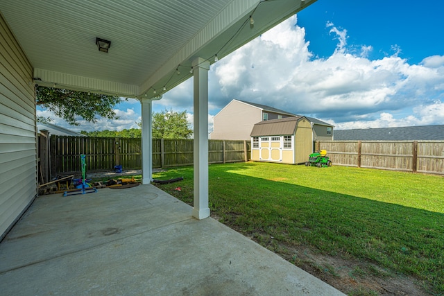 view of patio / terrace featuring a storage unit