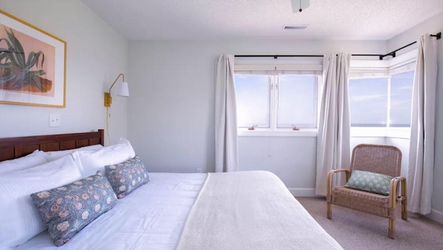 carpeted bedroom featuring a textured ceiling and multiple windows