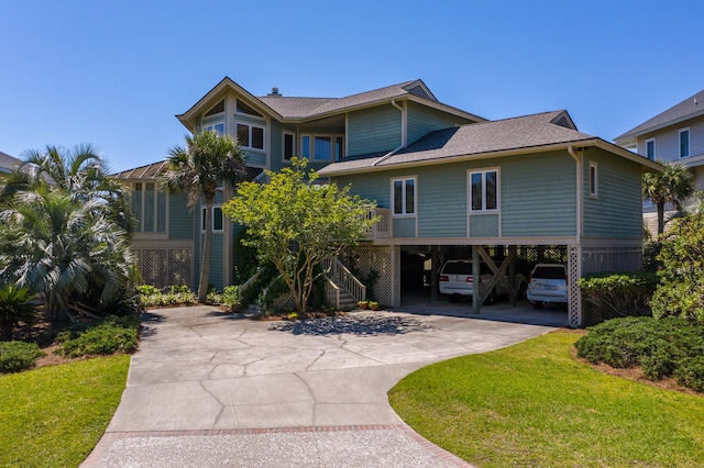 exterior space with a carport and a lawn