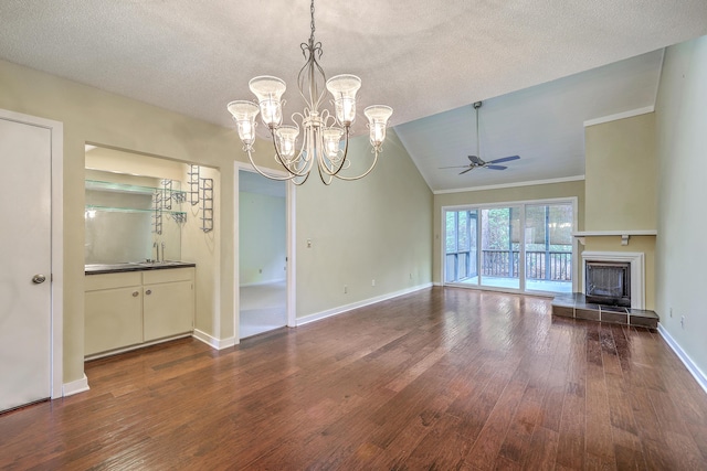 1115 Shadow Lake Cir, Mount Pleasant, SC 29464 - unfurnished living room with dark wood-style floors, a ceiling fan, a chandelier, a tiled fireplace, and lofted ceiling