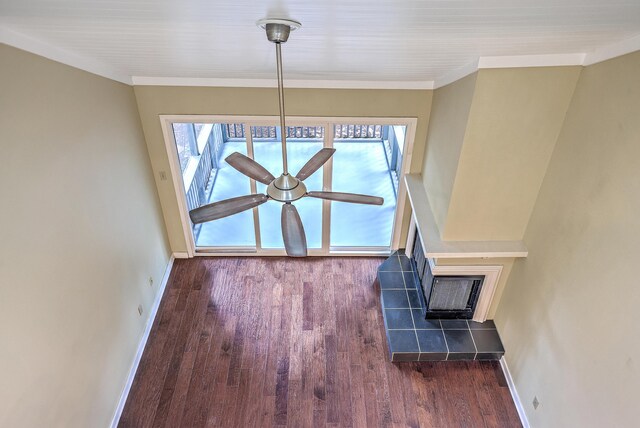 1115 Shadow Lake Cir, Mount Pleasant, SC 29464 - unfurnished living room featuring wood finished floors, baseboards, a ceiling fan, and ornamental molding